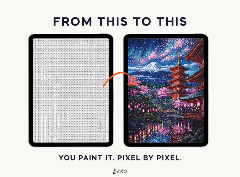 May include: Two tablets displaying a digital paint-by-number activity. The left screen shows a grid of letters, while the right screen displays a finished colorful landscape featuring a pagoda, cherry blossoms, and a mountain. Text reads FROM THIS TO THIS and YOU PAINT IT. PIXEL BY PIXEL.