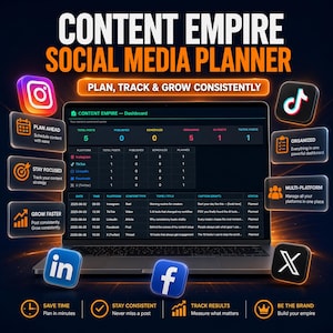 Może przedstawiać: Ekran laptopa wyświetla panel planera mediów społecznościowych z tekstem "CONTENT EMPIRE SOCIAL MEDIA PLANNER". Ekran pokazuje dane dla Instagrama, TikToka, LinkedIn, Facebooka i X (Twittera). Widoczne są również ikony różnych platform mediów społecznościowych.
