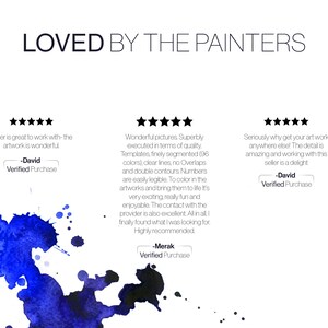 K&ouml;nnte beinhalten: Eine grafische Darstellung mit dem Titel LOVED BY THE PAINTERS, die drei F&uuml;nf-Sterne-Bewertungen von Kunden namens David und Merak enth&auml;lt. Der Text umfasst Feedback zur Qualit&auml;t der Kunstwerke, segmentierte Vorlagen mit 96 Farben und klare Linien. Ein blauer Aquarellspritzer ist zu sehen.