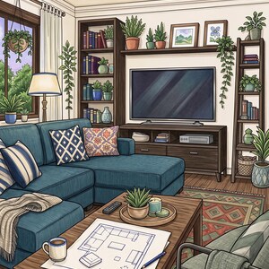 Op de afbeelding: Een woonkamerillustratie met een blauwe hoekbank met kussens met patronen, een houten salontafel met een plattegrondtekening, een televisie op een mediameubel, donkerhouten boekenplanken, diverse potplanten en een vloerkleed met patronen.