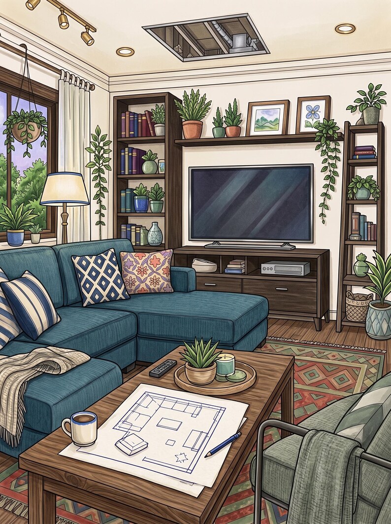 Op de afbeelding: Een woonkamerillustratie met een blauwe hoekbank met kussens met patronen, een houten salontafel met een plattegrondtekening, een televisie op een mediameubel, donkerhouten boekenplanken, diverse potplanten en een vloerkleed met patronen.