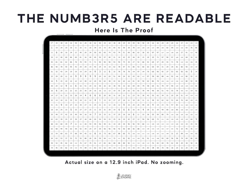 May include: A tablet screen displaying a dense grid of small black numbers on a white background. The text at the top reads THE NUMB3R5 ARE READABLE Here Is The Proof. Below the tablet, the text reads Actual size on a 12.9 inch iPad. No zooming.