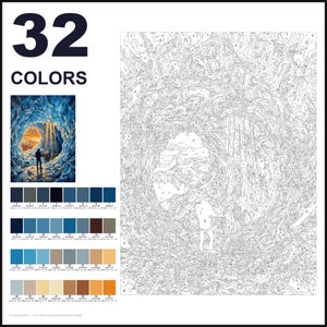 K&ouml;nnte beinhalten: Ein Malen-nach-Zahlen-Set mit 32 Farben, einem kleinen Referenzbild einer Person in einer Eish&ouml;hle und einer gro&szlig;en nummerierten Leinwand. Die Farbpalette umfasst verschiedene Blau-, Braun-, Beige- und Oranget&ouml;ne f&uuml;r das Motiv.