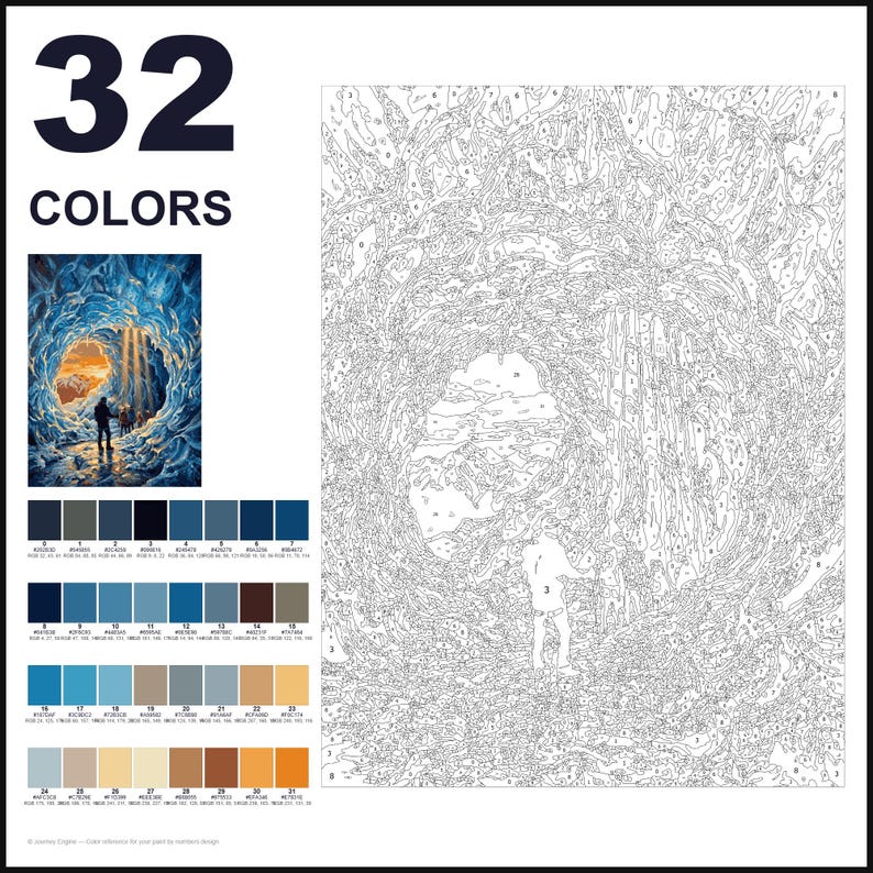 K&ouml;nnte beinhalten: Ein Malen-nach-Zahlen-Set mit 32 Farben, einem kleinen Referenzbild einer Person in einer Eish&ouml;hle und einer gro&szlig;en nummerierten Leinwand. Die Farbpalette umfasst verschiedene Blau-, Braun-, Beige- und Oranget&ouml;ne f&uuml;r das Motiv.
