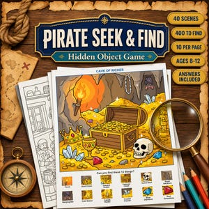 Puede incluir: Un juego de objetos ocultos Pirate Seek & Find con una colorida ilustración de una cueva del tesoro con un cofre, monedas de oro, una calavera y una corona. El juego incluye 40 escenas, 400 objetos para encontrar, para edades de 8 a 12.
