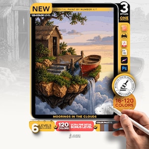 May include: A digital paint by number kit titled Moorings in the Clouds featuring a floating island with a wooden hut, a red boat, and a waterfall cascading into clouds. The kit includes 120 colors, 6 levels, and an interactive painting progress tracker.