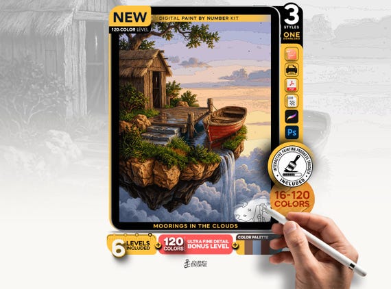 Floating Island paint by numbers digital kit, Fantasy Sky Dock Rowboat Art