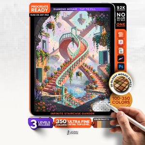 May include: A digital art file for Procreate featuring an infinite staircase garden scene with pink stairs, hanging flowers, and water. The interface includes text labels like Procreate Ready, 92K Squares, 350 Ultra Fine Detail, and 3D Glossy Mosaic Effect.