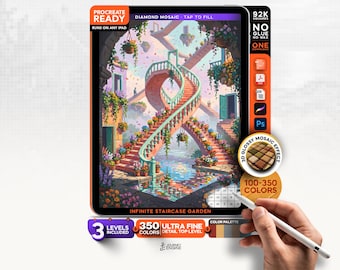 Digital Diamond Painting for iPad, Infinite Staircase Garden Mosaic, Surreal Color by Number Procreate, 3 Levels, Digital Download