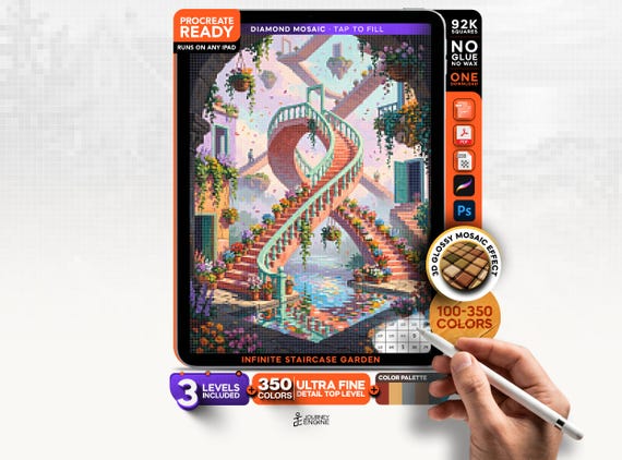 Infinite Staircase Garden digital diamond painting mystery mosaic for iPad, Surreal Mosaic