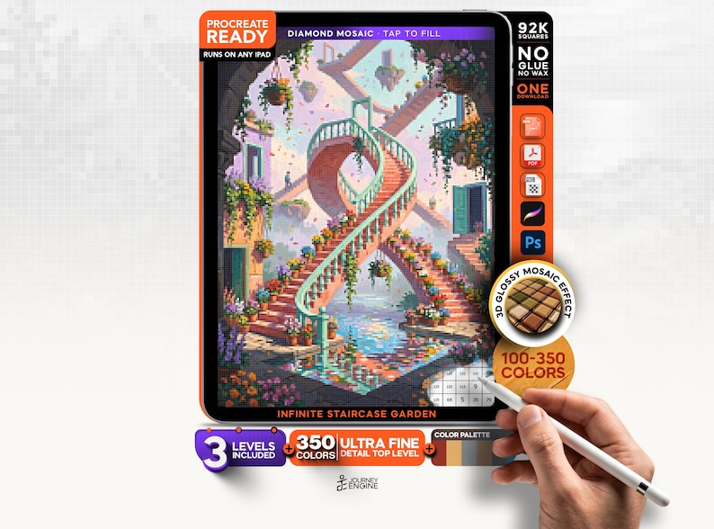May include: A digital art file for Procreate featuring an infinite staircase garden scene with pink stairs, hanging flowers, and water. The interface includes text labels like Procreate Ready, 92K Squares, 350 Ultra Fine Detail, and 3D Glossy Mosaic Effect.