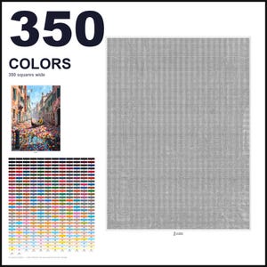 May include: A paint-by-numbers canvas featuring a grid of 350 colors, 350 squares wide. The design shows a Venetian canal scene with a gondola and colorful flowers. A detailed color reference chart is included at the bottom left of the layout.