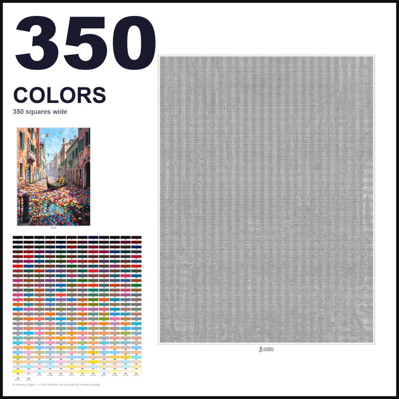 May include: A paint-by-numbers canvas featuring a grid of 350 colors, 350 squares wide. The design shows a Venetian canal scene with a gondola and colorful flowers. A detailed color reference chart is included at the bottom left of the layout.