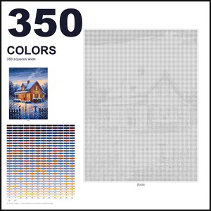 May include: A paint-by-numbers kit featuring a 350-color palette, a reference image of a snow-covered house at twilight, and a large grid canvas measuring 350 squares wide. The design includes a winter landscape with a lit cabin and fence.