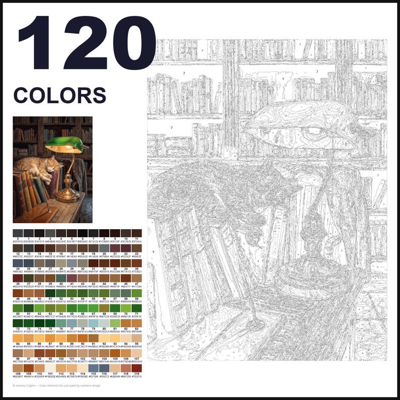 May include: A paint-by-numbers kit featuring a line-art template of a cat sleeping on a bookshelf next to a desk lamp. The kit includes a small color reference image, a grid of 120 numbered color swatches with hex codes, and the text 120 COLORS.