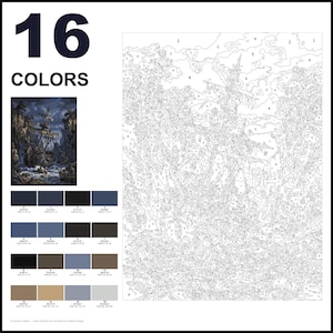 May include: A paint-by-numbers kit featuring a large numbered outline of a sailing ship in a rocky cove. The layout includes a small color reference image, a grid of 16 numbered color swatches with RGB values, and the text 16 COLORS at the top.