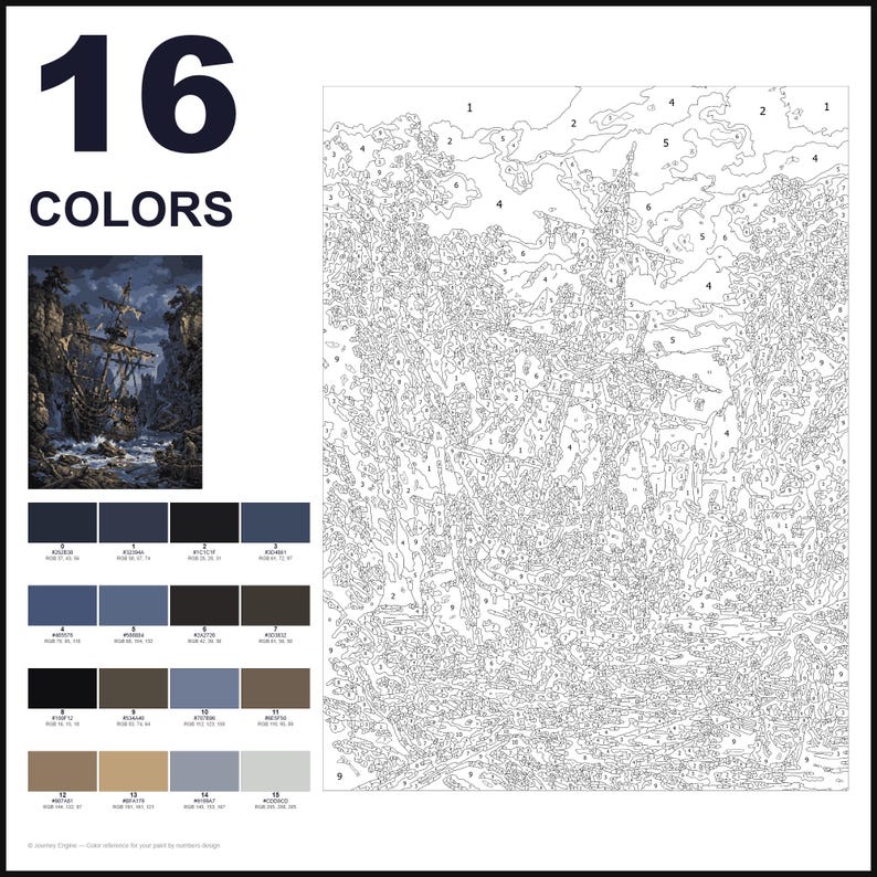 May include: A paint-by-numbers kit featuring a large numbered outline of a sailing ship in a rocky cove. The layout includes a small color reference image, a grid of 16 numbered color swatches with RGB values, and the text 16 COLORS at the top.