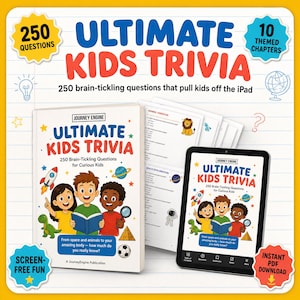 May include: A book titled Ultimate Kids Trivia with 250 questions and 10 themed chapters, featuring illustrations of children, a rocket, a planet, a dinosaur, and a soccer ball. A tablet displays the same cover, and interior pages are visible.