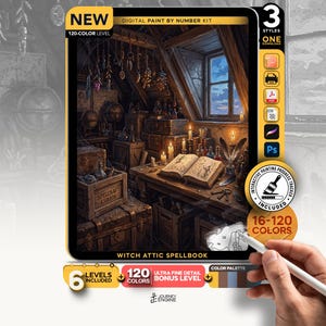 May include: A digital paint by number kit titled Witch Attic Spellbook featuring an illustration of a cluttered attic room with an open book, candles, and potion bottles. The kit includes 120 colors, an interactive progress tracker, and 6 levels.