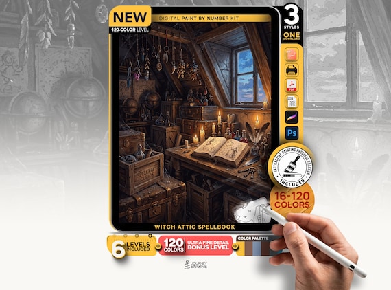 Witch Attic Spellbook paint by numbers digital kit, Cozy Witchy Magic Art