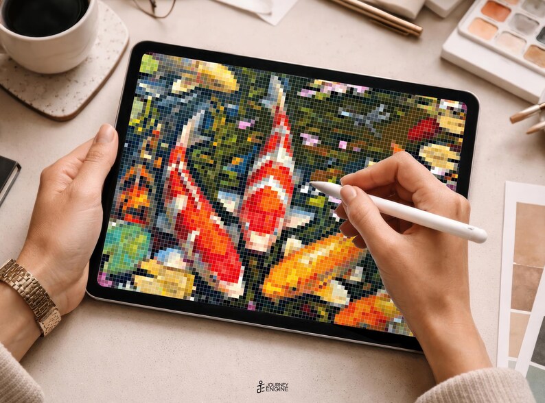 May include: A digital tablet displaying a pixel art illustration of multiple koi fish swimming in a pond. The artwork features vibrant red, orange, and white fish against a dark, textured background. A white stylus is positioned on the screen.