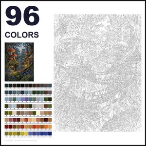 May include: A paint-by-numbers kit featuring a detailed line art forest scene with mushrooms and a rope bridge. The set includes a small color reference image, a large numbered outline canvas, and a grid of 96 distinct color swatches with codes.