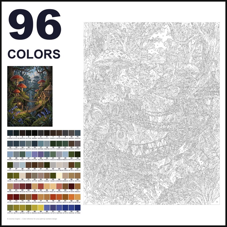 May include: A paint-by-numbers kit featuring a detailed line art forest scene with mushrooms and a rope bridge. The set includes a small color reference image, a large numbered outline canvas, and a grid of 96 distinct color swatches with codes.
