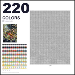 May include: A paint-by-numbers kit featuring a koi pond scene with colorful fish and lily pads. The set includes a large gray grid canvas, a reference image, and a color chart with 220 numbered squares, each labeled with specific color codes.