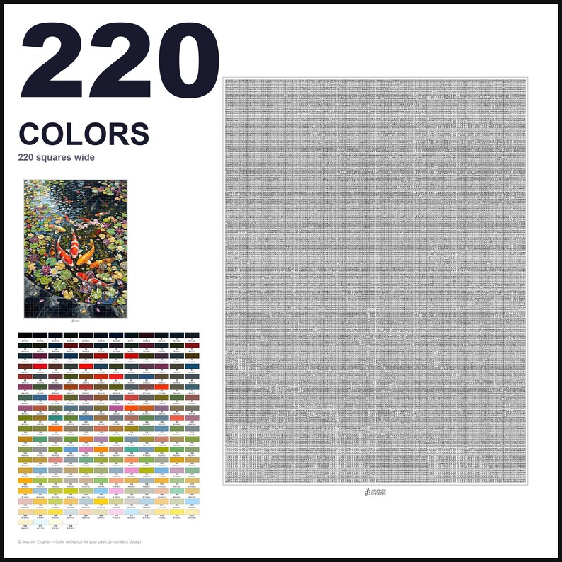 May include: A paint-by-numbers kit featuring a koi pond scene with colorful fish and lily pads. The set includes a large gray grid canvas, a reference image, and a color chart with 220 numbered squares, each labeled with specific color codes.