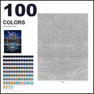 May include: A paint-by-numbers guide featuring 100 colors, a 100 squares wide grid filled with numerical codes, a reference image of a night landscape with a glowing structure, and a color key with hex codes for each numbered paint shade.