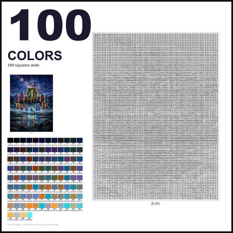 May include: A paint-by-numbers guide featuring 100 colors, a 100 squares wide grid filled with numerical codes, a reference image of a night landscape with a glowing structure, and a color key with hex codes for each numbered paint shade.