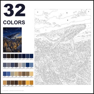 May include: A paint-by-numbers kit featuring a large whale flying over a village at night. The layout includes a finished reference image, a numbered outline canvas, and a palette of 32 colors with corresponding hex and RGB codes for each section.