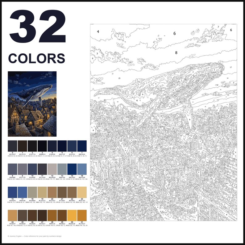May include: A paint-by-numbers kit featuring a large whale flying over a village at night. The layout includes a finished reference image, a numbered outline canvas, and a palette of 32 colors with corresponding hex and RGB codes for each section.