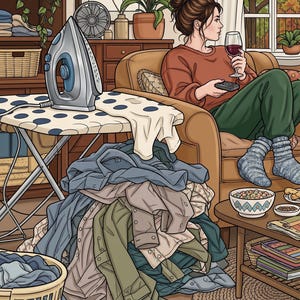 Peut inclure: Une sc&egrave;ne de pi&egrave;ce avec un fer &agrave; repasser argent&eacute; sur une planche &agrave; repasser &agrave; pois bleus, un grand tas de v&ecirc;tements assortis, un panier &agrave; linge et une personne assise dans un fauteuil tenant un verre de vin et une t&eacute;l&eacute;commande pr&egrave;s d'une fen&ecirc;tre.