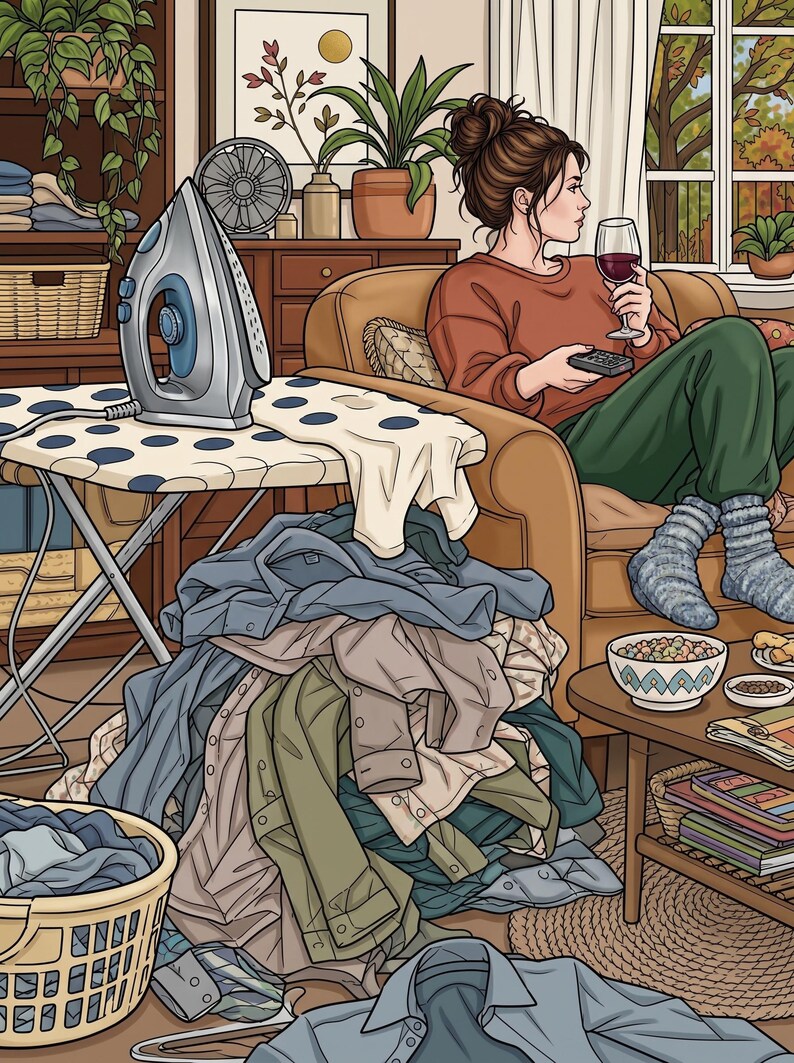 Peut inclure: Une sc&egrave;ne de pi&egrave;ce avec un fer &agrave; repasser argent&eacute; sur une planche &agrave; repasser &agrave; pois bleus, un grand tas de v&ecirc;tements assortis, un panier &agrave; linge et une personne assise dans un fauteuil tenant un verre de vin et une t&eacute;l&eacute;commande pr&egrave;s d'une fen&ecirc;tre.