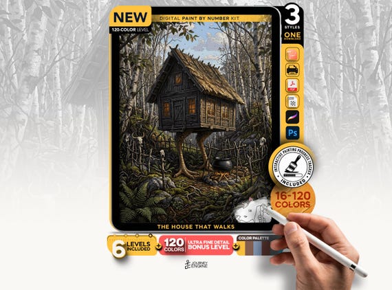 Witch Hut on Chicken Legs paint by numbers digital kit, Slavic Folk Tale Art