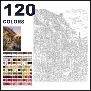 May include: A paint-by-numbers kit featuring a cottage garden scene with a thatched roof house, a white picket fence, and flowers. The image includes a color reference guide with 120 numbered swatches and a corresponding line art template.