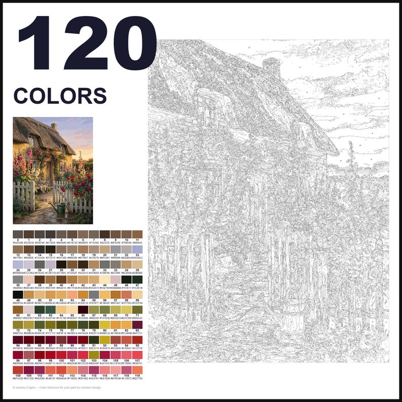 May include: A paint-by-numbers kit featuring a cottage garden scene with a thatched roof house, a white picket fence, and flowers. The image includes a color reference guide with 120 numbered swatches and a corresponding line art template.