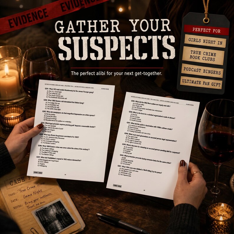 May include: A true crime trivia game set featuring two white paper sheets with multiple-choice questions, a case file folder with handwritten notes, and a black tag with text including Girls Night In, True Crime Book Clubs, Podcast Bingers, and Ultimate Fan Gift.