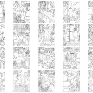 May include: A collection of twenty black and white line art illustrations depicting various bathroom scenes. Each panel features detailed drawings of toilets, sinks, toilet paper rolls, indoor plants, and bathroom decor, designed as a colouring book page.