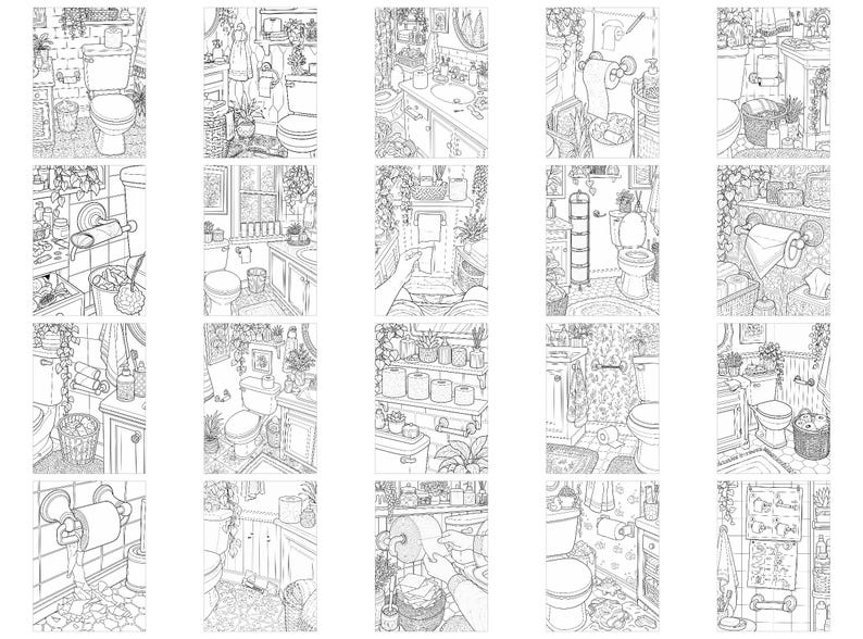 May include: A collection of twenty black and white line art illustrations depicting various bathroom scenes. Each panel features detailed drawings of toilets, sinks, toilet paper rolls, indoor plants, and bathroom decor, designed as a colouring book page.