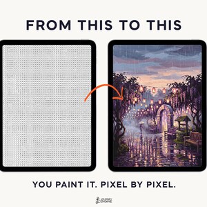 May include: Two tablets displaying a digital paint-by-number activity. The left tablet shows a grid of numbered pixels, while the right tablet displays a finished, colorful scene of a rainy garden path with glowing lanterns and a stone archway.