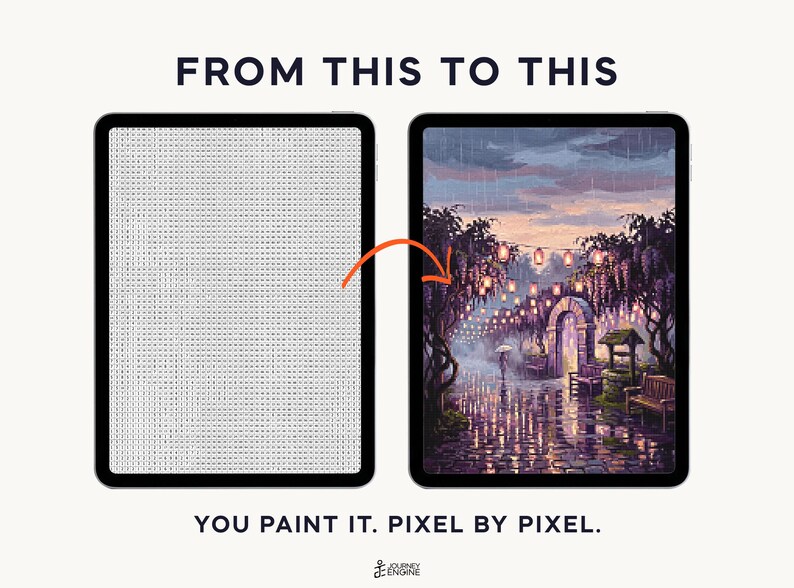 May include: Two tablets displaying a digital paint-by-number activity. The left tablet shows a grid of numbered pixels, while the right tablet displays a finished, colorful scene of a rainy garden path with glowing lanterns and a stone archway.