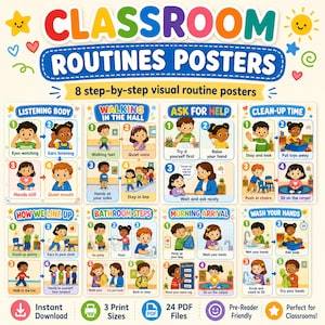 May include: A set of eight educational classroom routines posters featuring colorful illustrations of children performing daily tasks. The text includes titles like Listening Body, Walking in the Hall, Ask for Help, and Clean-Up Time with step-by-step instructions.