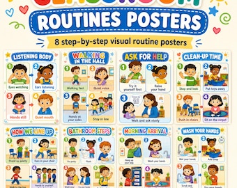 Conjunto de carteles de rutinas para el aula / Horario visual para preescolar y jardín de infancia / Decoración de pared con procedimientos diarios / Descarga instantánea imprimible