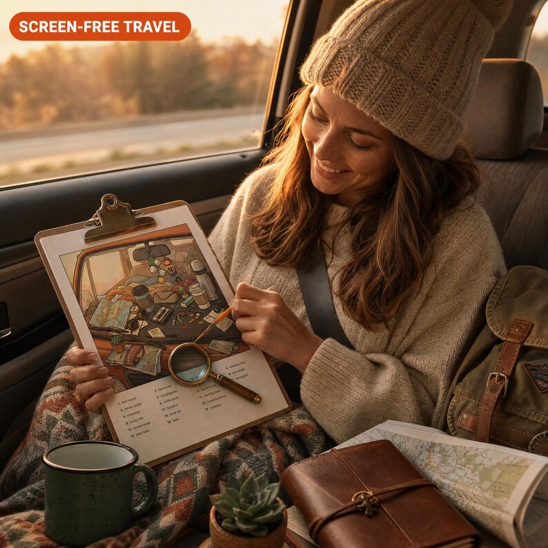 May include: A wooden clipboard featuring a printed illustration of a car interior with various travel items, a magnifying glass, and a list of items to find. The text SCREEN-FREE TRAVEL is visible in the upper left corner of the image.