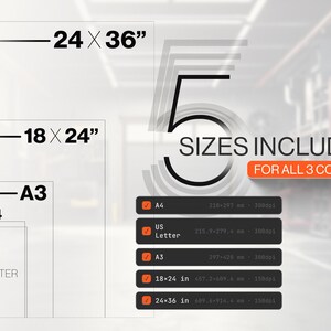 Op de afbeelding: Een digitale afbeelding met vijf beschikbare afdrukformaten: 24x36 inch, 18x24 inch, A3, A4 en US Letter. De tekst luidt 5 SIZES INCLUDED FOR ALL 3 COLORS, met een checklist van formaten waaronder A4, US Letter, A3, 18x24 in en 24x36 in.