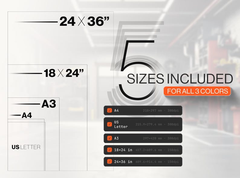 Op de afbeelding: Een digitale afbeelding met vijf beschikbare afdrukformaten: 24x36 inch, 18x24 inch, A3, A4 en US Letter. De tekst luidt 5 SIZES INCLUDED FOR ALL 3 COLORS, met een checklist van formaten waaronder A4, US Letter, A3, 18x24 in en 24x36 in.