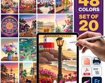 20 Paint by Number Kits for Adults | 20 Design PBN Bundle | Printable Landscapes Florals Animals | Relaxing DIY Wall Art | Instant Download