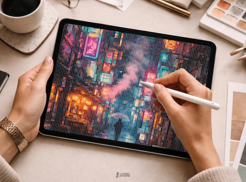 May include: A tablet displaying a pixelated digital artwork of a vibrant city street at night with glowing neon signs in shades of pink, blue, and orange. A white stylus is held against the screen, which shows a silhouette of a person with an umbrella.